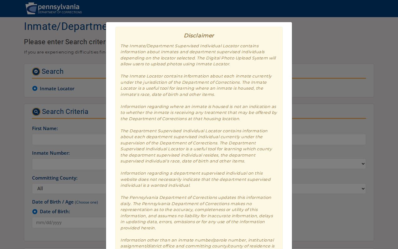 PA DOC search fields for Delaware County released inmate and parole records