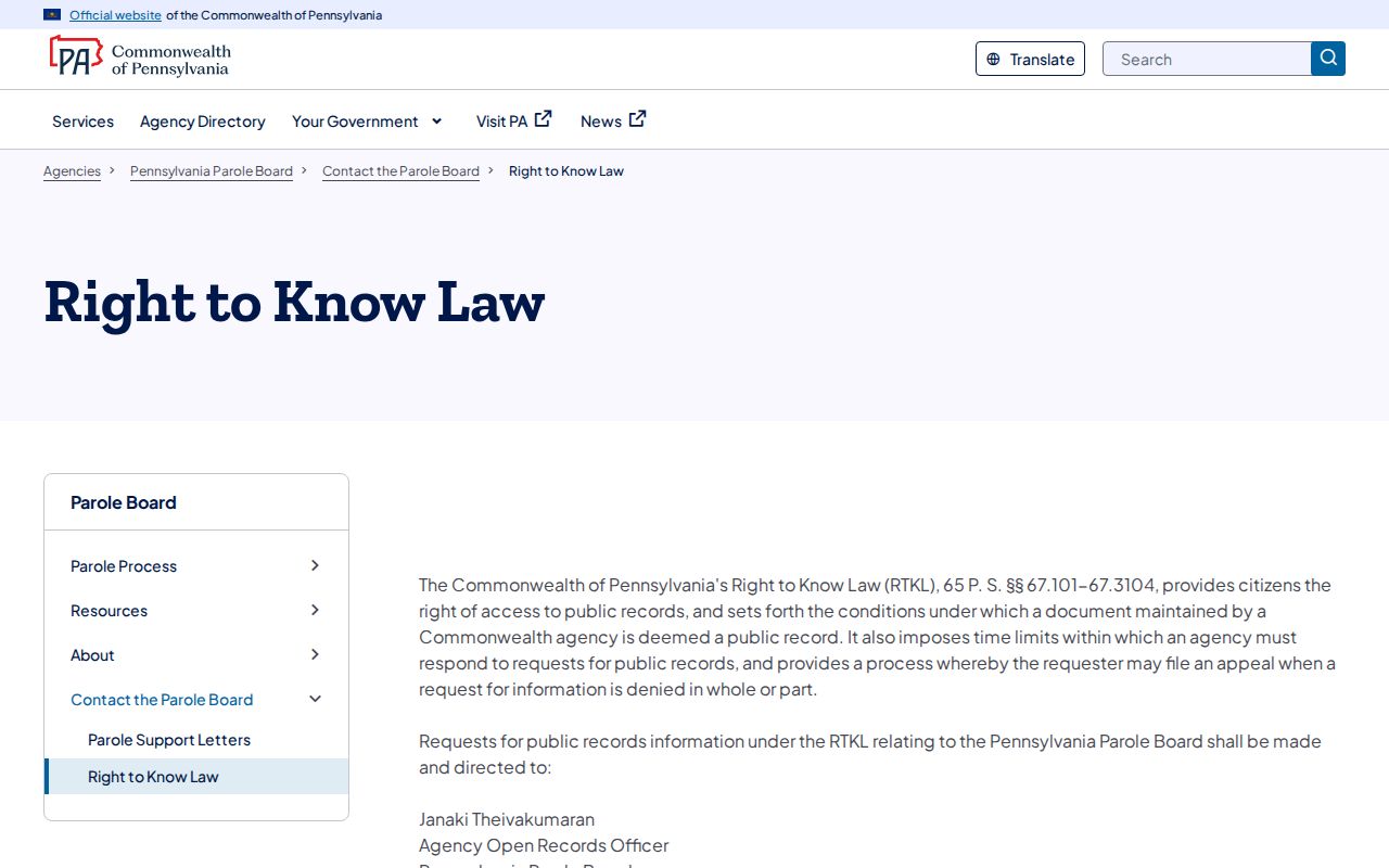Pennsylvania Board Action request route for Delaware County parole records